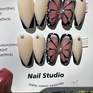 Black and Pink Press-On Nails with Butterfly Design